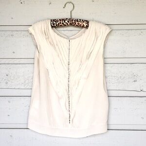 BCBGMAXAZRIA VINTAGE 100% SILK PLEATED BLOUSE W/CRYSTAL BAGUETTES CHAMPAGNE TONE